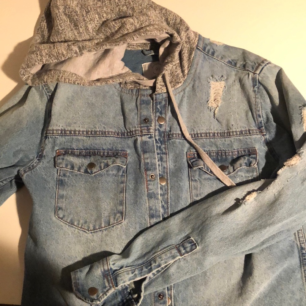 Small Distressed light Blue Denim Jacket with Hoodie